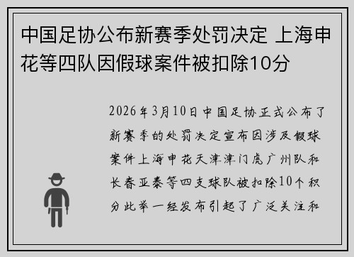 中国足协公布新赛季处罚决定 上海申花等四队因假球案件被扣除10分