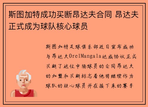 斯图加特成功买断昂达夫合同 昂达夫正式成为球队核心球员