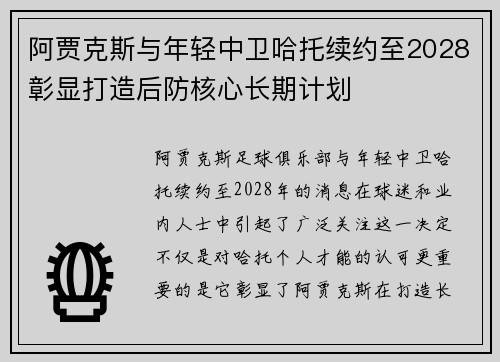 阿贾克斯与年轻中卫哈托续约至2028彰显打造后防核心长期计划