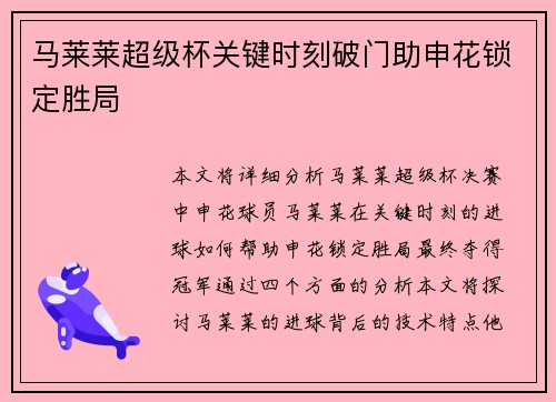 马莱莱超级杯关键时刻破门助申花锁定胜局